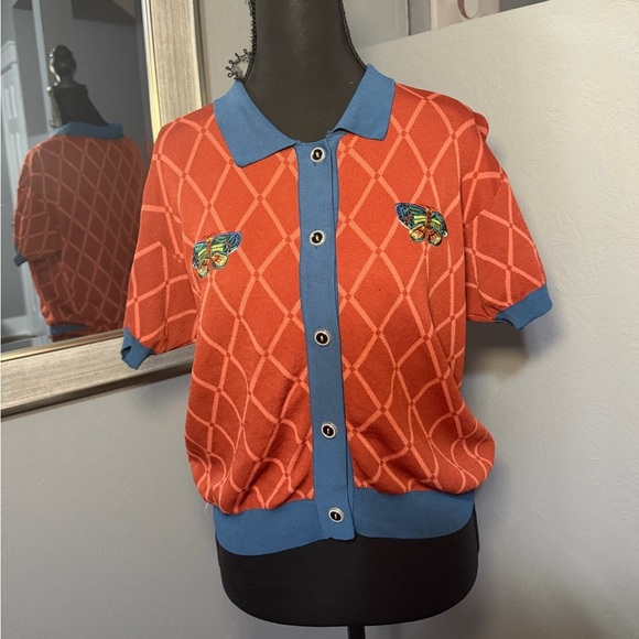 Chemical Girl Retro Argyle Knit Cardigan Top butterfly embroidery size small. - Picture 2 of 5